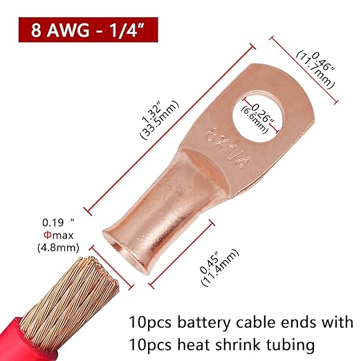 TKDMR 10pcs 8 AWG-1/4 Battery Lugs,Heavy Duty Wire Lugs,Ring Terminals,Battery Cable Ends,0 Guage terminals,Battery Terminal Connectors with 10pcs 3:1 Heat Shrink Tubing