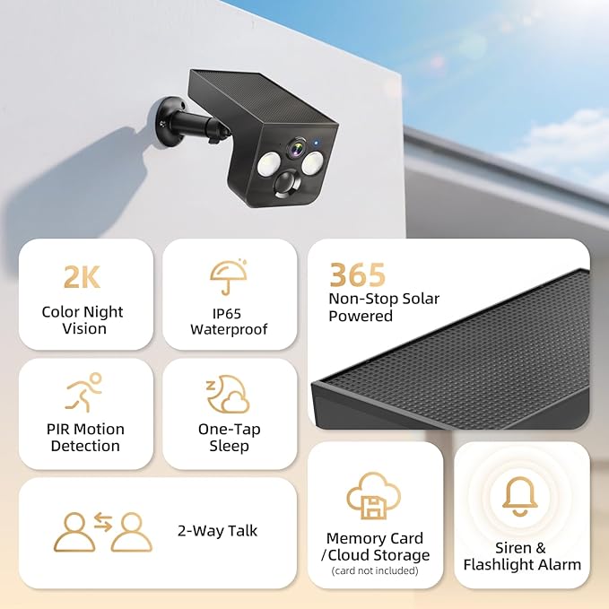 Solar Security Cameras Wireless Outdoor, 2K Battery Powered, Cloud/SD Storage, Built-in Solar, IP65 Waterproof, AI Motion, Color Night Vision, Outside WiFi Cameras for Home Security 4-Pack