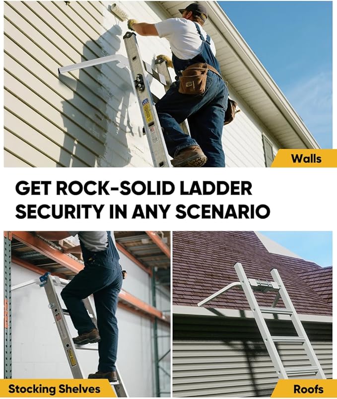 Ladder Stabilizer, Adjustable Heavy Duty Ladder Standoff with Pins & Sheet for Wing Span/Wall Extended Accessory, Ladders Roof Stabilizer with Non-Slip Rubber Pads for Roof Gutter Guard, White