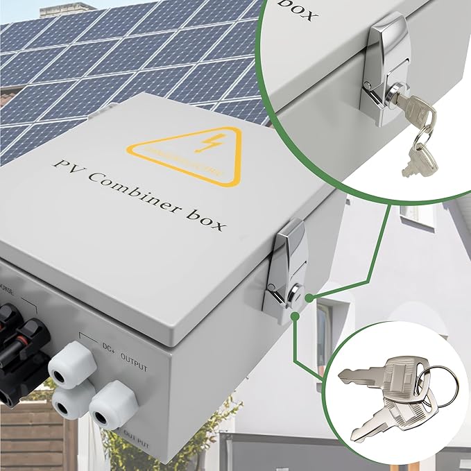 4 String Solar Combiner Box, IP65 Waterproof PV Combiner Break for On/Off Grid Solar System, with Lightning Arrester, 15A Rated Current Fuse& 63A Circuit Breaker (Metal Box)