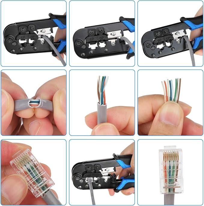 RJ45 Crimping Tool Kit Ethernet Crimp Set, RJ-11, 6P/RJ-12, 8P/RJ-45 Crimp, Cut and Strip with 20PCS CAT5 CAT5e Connectors, Covers,1 Network Cable Tester 1 Wire Stripper