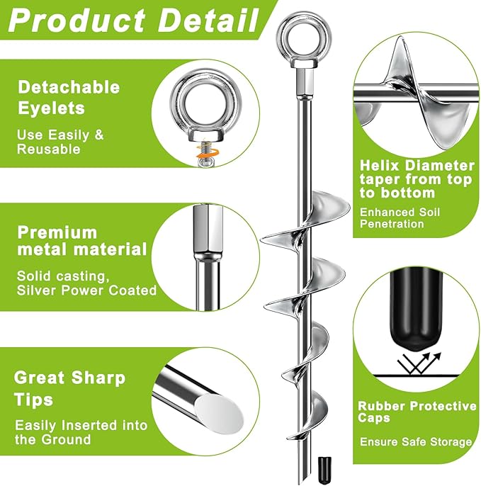 Ground Anchors Screw in, 18 Inch Ground Anchors Heavy Duty Metal Earth Auger Anchors Trampoline Stakes Kit High Wind for Swing Set Shed Rv Canopy Gazebo Mobile Home Tree Playground Dog, 4 Pack