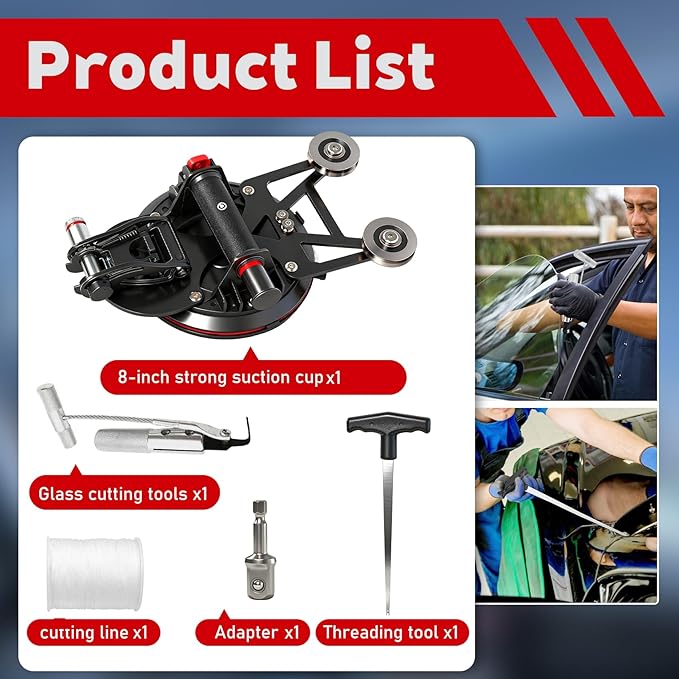 Auto Windshield Removal Tool Kit,Heavy Duty 8Inch Suction Cup (770-lb) with Self Locking Dual Cutting System & 1.2mm Reinforced Cutting Wire for The Quick and Safe Removal of Car Windshields