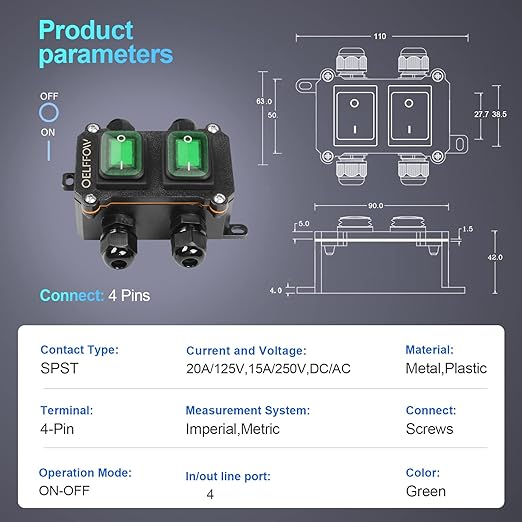 Waterproof On Off Toggle Switch Double Switch with Green Light Rocker Button Inline Cord Switch DPST AC/DC 20A-125V,16A-250V,30A-24V,35A-12V, IP66 4 Exit