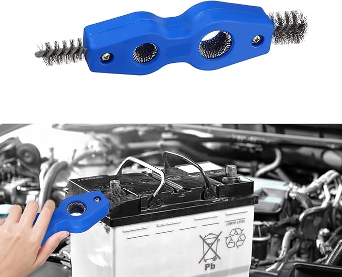 4 in 1 Car Battery Cleaning Brush, Battery Terminal Brush, Anti-Rust Auto Battery Cleaner with Steel Wire, Car Accessories Vehicle Machine Parts Cleaning Tools Fit for Auto Marine (Blue)