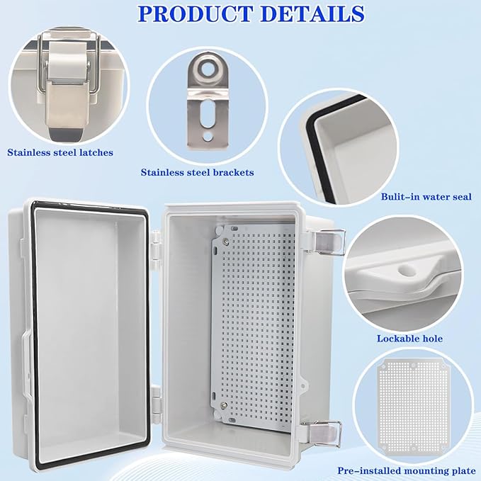 Waterproof Outdoor Electrical Box Junction Box Weatherproof IP67 ABS Plastic Enclosure Switch Router Project Box with Mounting Plate with Wall Bracket 2 Cable Glands Grey 11.81" x 7.87" x 5.12"