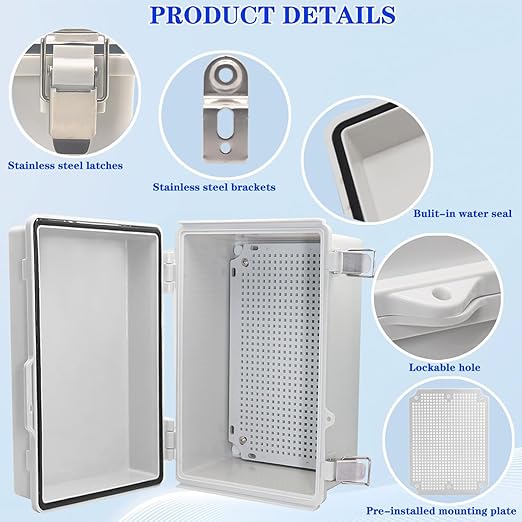 Waterproof Electrical Box, IP67 Junction Box Stainless Steel Latch Hinged Grey Cover Project Enclosure with Wall Bracket 11.8" x 7.87" x 5"