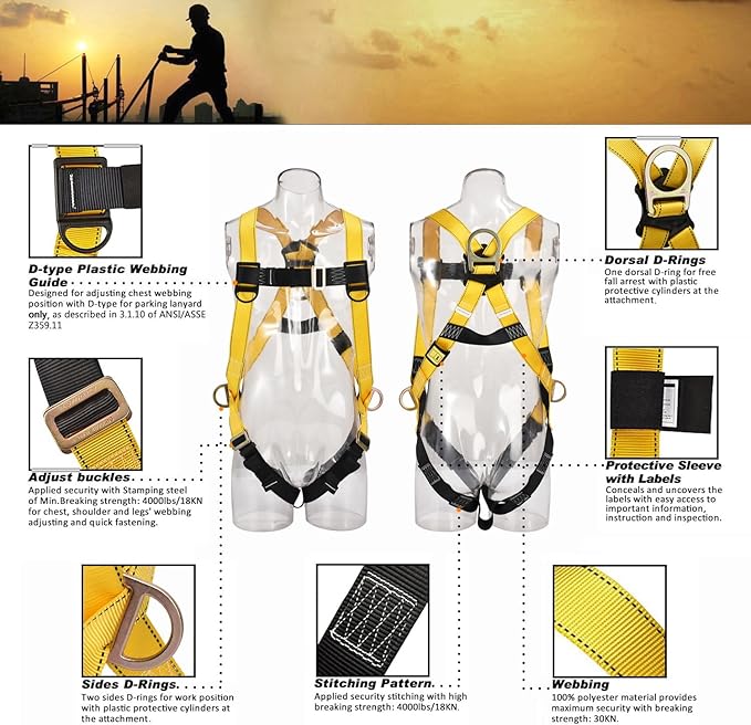 3D-Ring Industrial Fall Protection Safety Harness ANSI/ASSE Z359.11-2021 Compliant Full Body Personal Protection Equipment 3-Point Adjustment Universal 310 lbs