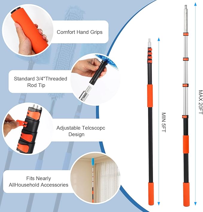Telescopic Extension Pole Reach to 28FT,Paint Roller Extension Pole, telescoping Pole with Flip-Lock Design, Multi-Purpose extendable Pole for Windows Cleaning Paint Roller, Duster(Orange-20ft)