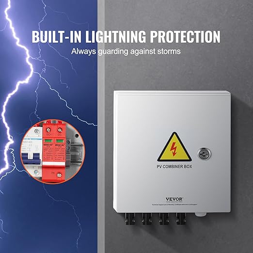 VEVOR PV Combiner Box, 4 String Metal Solar Combiner Box with 15A Rated Current Fuse 63A Circuit Breaker Lightning Arrester, Steel Case for On/Off Grid Solar Panel System, IP65