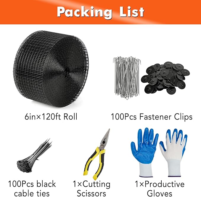 6in x 120ft Solar Panel Bird & Critter Guard Kit, Includes 100 Fastener Clips, 100 Cable Ties, Gloves, Pliers & PVC Coated Wire Mesh for Bird, Critters Control