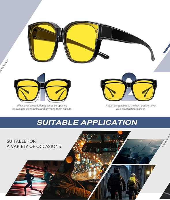 KALIYADI Night-Vision-Glasses Fit-Over-Glasses Wrap-Around Glasses: Anti Glare Night Driving Glasses for men women HD Lens