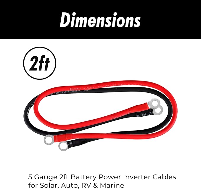 InstallGear 5 AWG Gauge 2ft Battery Power Inverter Cables for Solar, Auto, RV and Marine - RV Battery Cables - 99.9% Deoxigenized Copper, Set