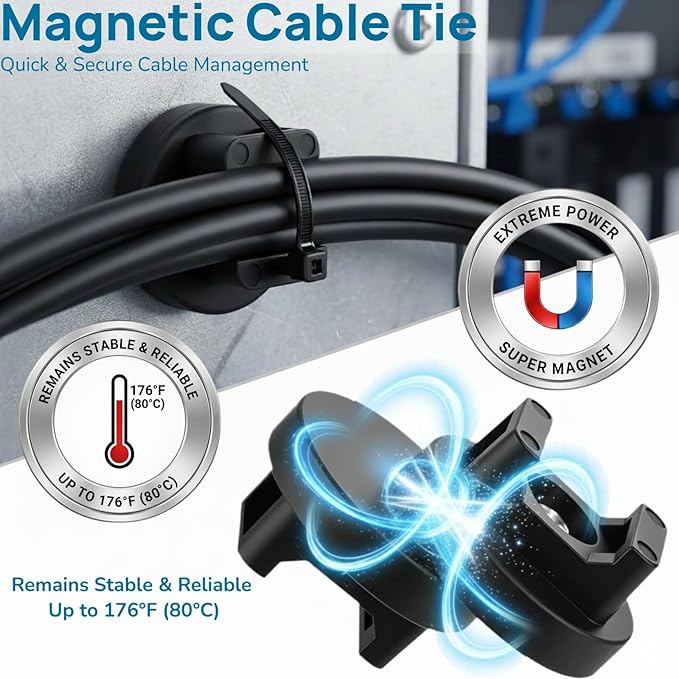 225 Pieces Magnetic Cable Ties Set, 25 Magnetic Zip Tie Mounts with 200 Cable Ties, Strong Wire Holder Cables Management, Multipurpose Electrical Cord Holders Organizer (31mm)