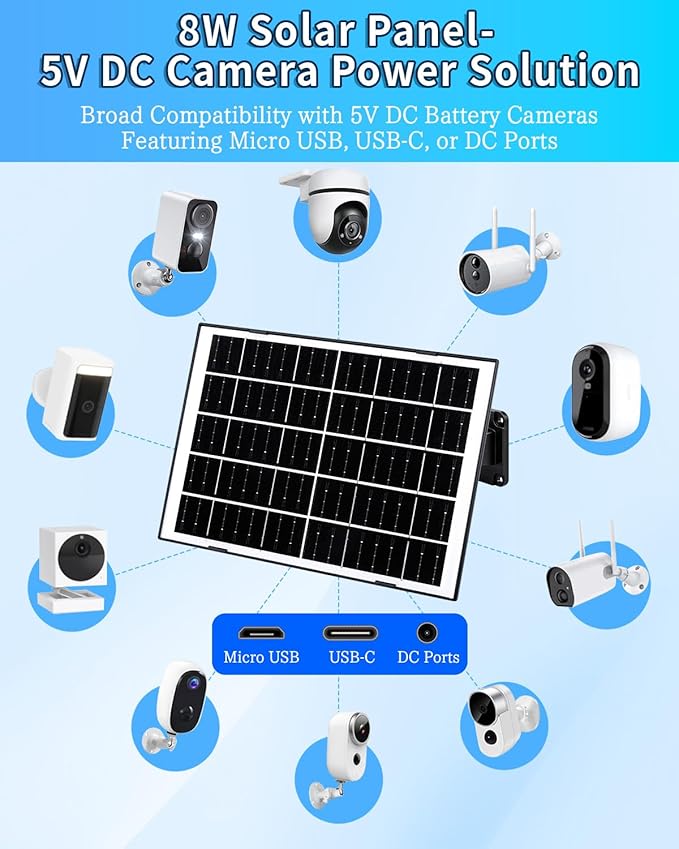 8W Solar Panel for Security Camera, Solar Panel Charger with 5V USB-C/Micro/DC 3.5mm Ports 9.8ft Cable & 360°Integrated Mount, IP65 Solar Panels for Ring/Reolink/Eufy Built-in Battery Camera