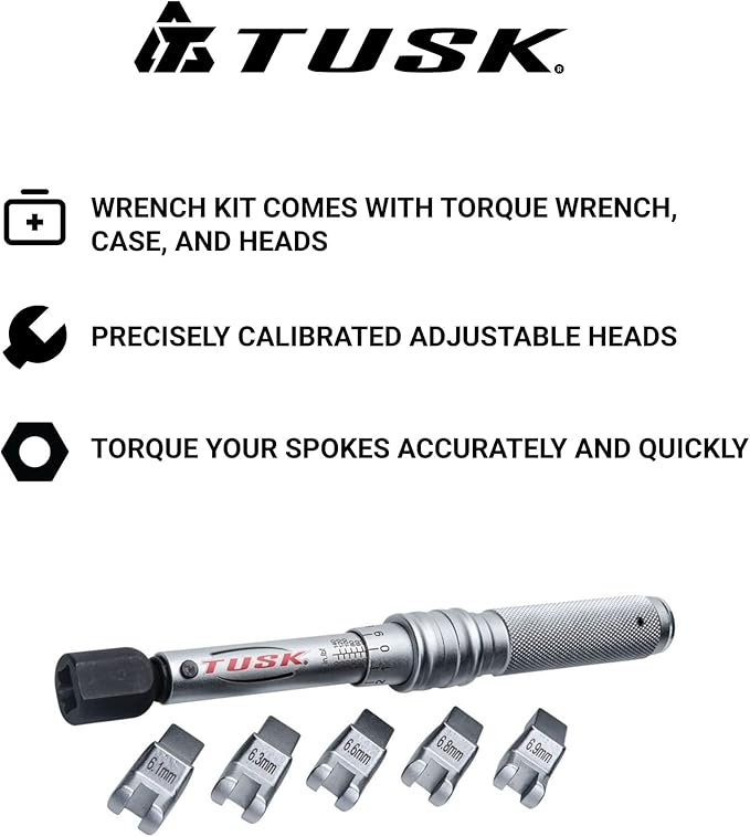 TUSK Spoke Torque Wrench Kit – Adjustable 30–150 in‑lb Torque Wrench + 5 Drop‑Forged Heads (6.1–6.9 mm) in Case – Calibrated ±2% for Motorcycle & Bicycle Spoke Tension Compatible with KTM Husqvarna