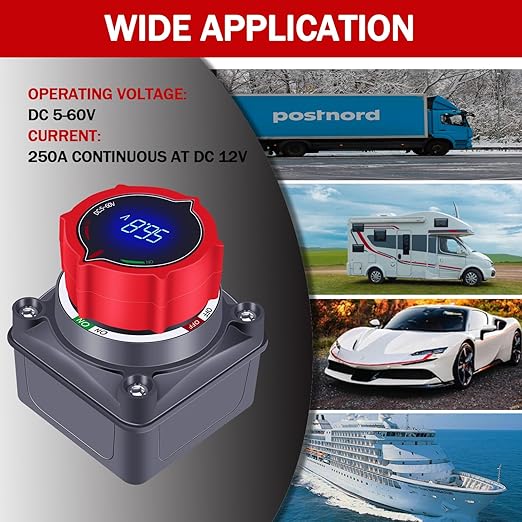 Upgrade Battery Disconnect Switch with Voltage Display, DC 5-60V Battery Power Master Disconnect Isolator Cut Shut Off Switch for Marine Boat Car Truck Camper RV Trailer (On/Off)