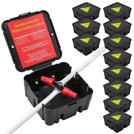 Black Open Splice Junction Box (12 Pack)，Open Splices Repair Open Splices, 5 Second Installation Splice Box, Wire Electrical Junction Box with Cover V0 Flame Retardant Rating(Highest Level) (12)