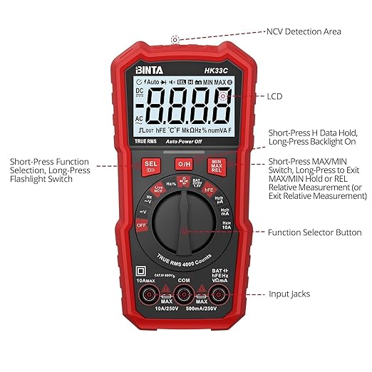 BINTA Digital Multimeter 4000 Counts TRMS NCV Auto-Ranging Voltmeter Multimeter Tester | AC/DC Current Voltage Meter | Measures Voltage, Resistance, Capacitance, Duty Ratio, Continuity for Automotive