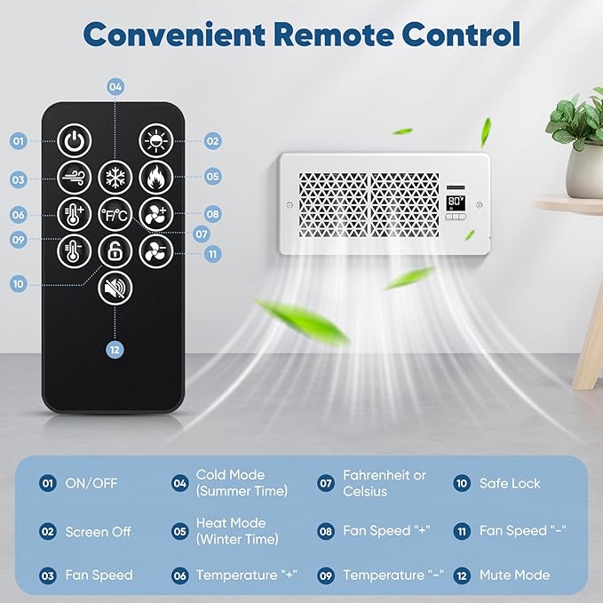 Register Booster Fan for 4" x 10" Register Holes with Remote Control and Thermostat, 10-Speeds Floor Vent Fans Booster - Enhances AC Heating&Cooling Airflow, Quiet Air Duct Fan for Wall, White