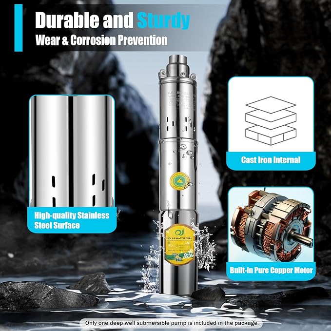 Solar Water Pump Deep Well DC 24V 370W w/Steel Submersible Pump Irrigation Garden,Solar Submersible Pump 65m