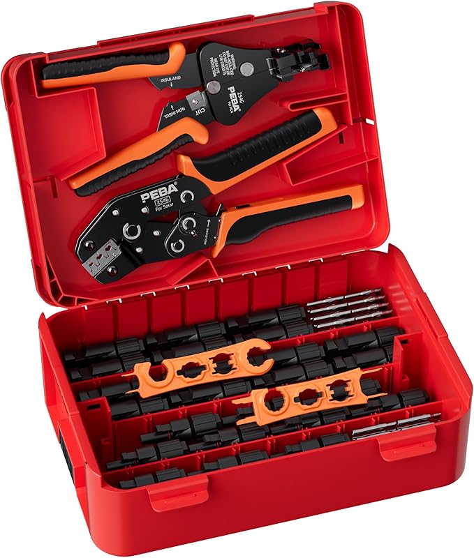 PEBA Solar Connector Crimping Tool Kit for AWG 16-10 Solar Panel Cable Wire with 14 Pairs IP68 Solar Connectors Plug & Wire Stripper & Spanner Wrench | Pro-Grade Ratchet Crimp Tool for Installers