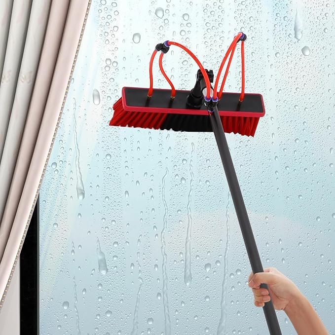 Window Cleaner Tool Washing Equipment Window Solar Panel Cleaning Brush and Pole Water Fed Pole Kit for House Roof Glass Car, 180° Adjustable Brush Head with 4 Water Outlets (29.53ft)