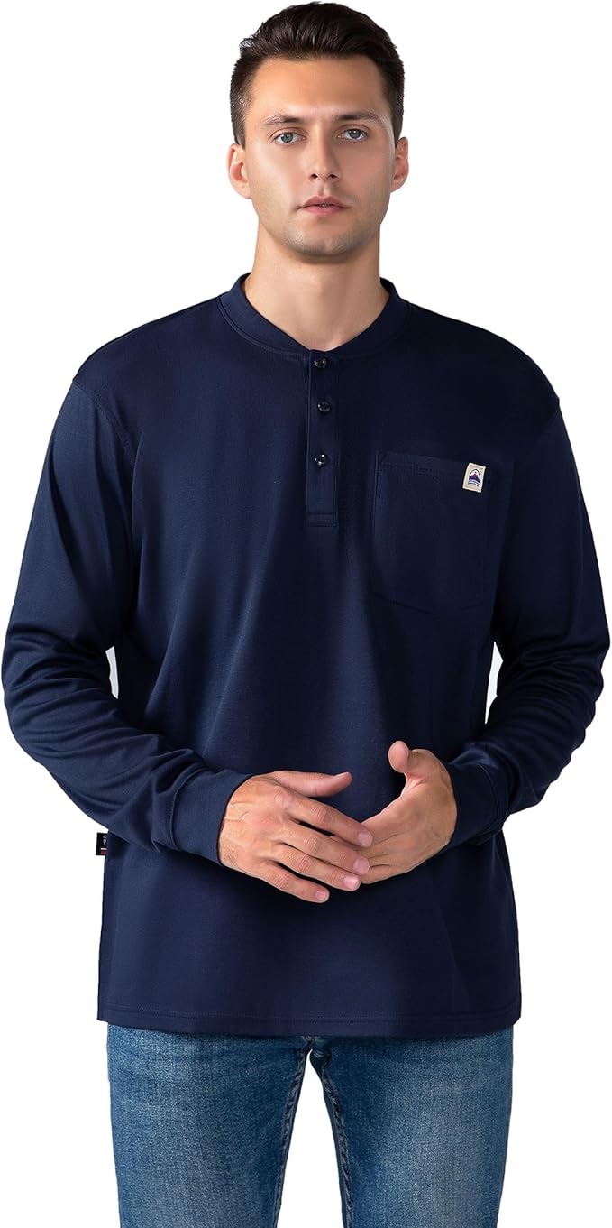 FR Henley Shirts for Men Flame Resistant Lightweight Welding 6.5oz 100% Cotton CAT2 Long Sleeve Fire Retardant FRC Clothing