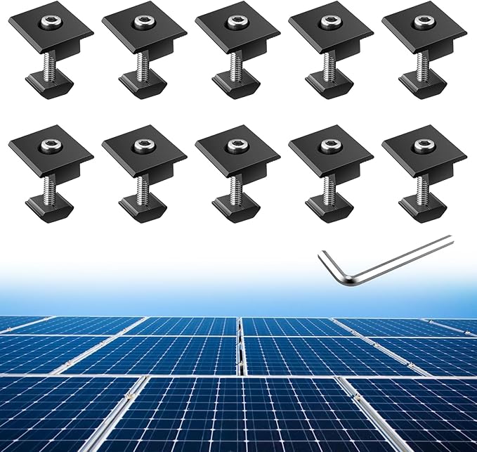 Anbte 10pcs Solar Panels Centre Clamps, Aluminium T-Shaped Mid Clamps 40mm Solar Panel Mounting Brackets Solar Mounting Rail Connector for Metal Roof, Tin Roof, Flat Roof, Sheet Roof, Black