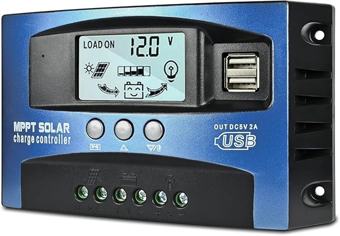 60A MPPT Solar Charge Controller, 12V/ 24V Solar Panel Battery Intelligent Regulator with Dual USB Port, LCD Display and Timer Setting ON/Off Hours
