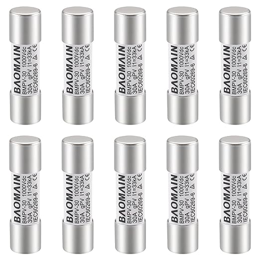Baomain 10-Pack gPV Solar PV Fuse 30A 1000V DC, 10x38mm, 33kA Breaking Capacity, CE Listed for Photovoltaic Systems, Combiner Boxes (30 Amp.)