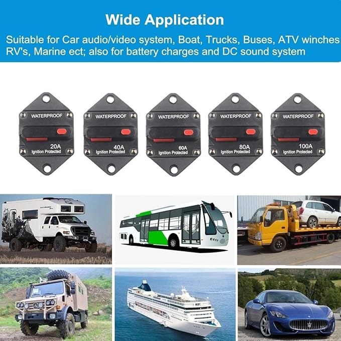 Hi-Amp 20Amp Circuit Breaker 12V-32V DC Waterproof, 10-300A Fuse Inverter with Manual Reset Button for Auto Truck RV Marine, Panel Mount (20A)