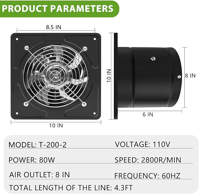 8 Inch Exhaust Fan,530CFM Kitchen Exhaust Fan with Speed Controller,110V 80W Wall Mounted Vent Fans with Damper for Shop, Smoking Room, Industrial Ventilation Use (8-inch Black)