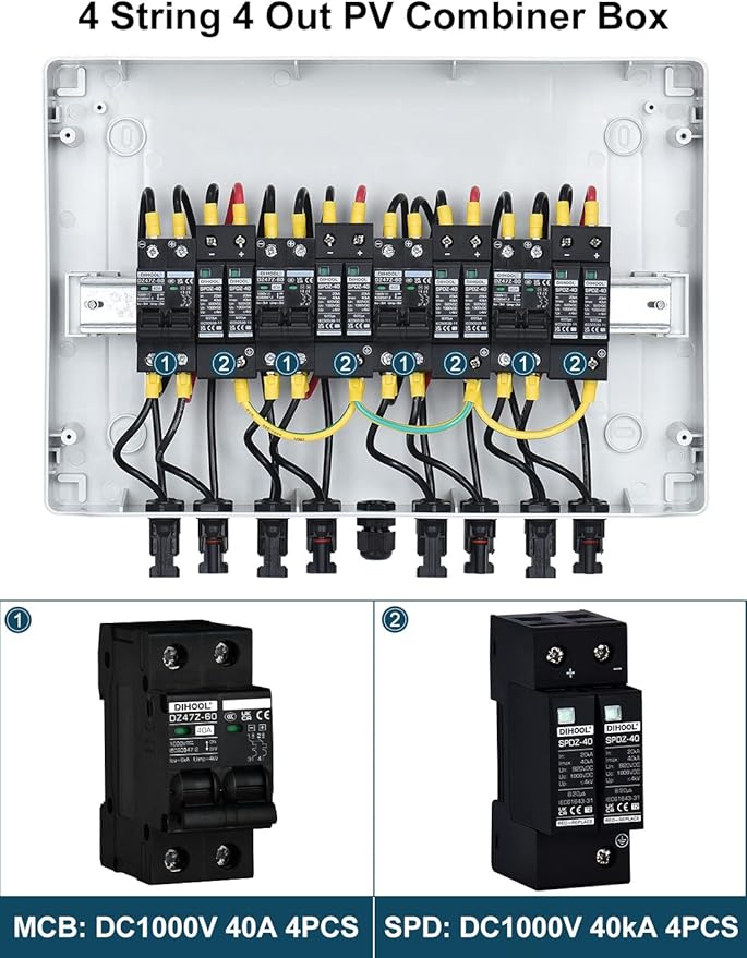 DIHOOL Solar Disconnect Switch 40Amp DC Circuit Breaker with Surge Protector PV Combiner Box for Solar Panel 4 in 4 Out 1000V