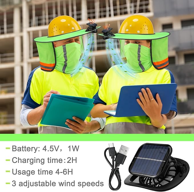 1 Set Sun Hard Hat with Solar Fan Shade Full Brim Hard Hat and Neck Sunshade Cover High Visibility Full Brim Mesh with Reflective Strip for Outdoor Summer Protection