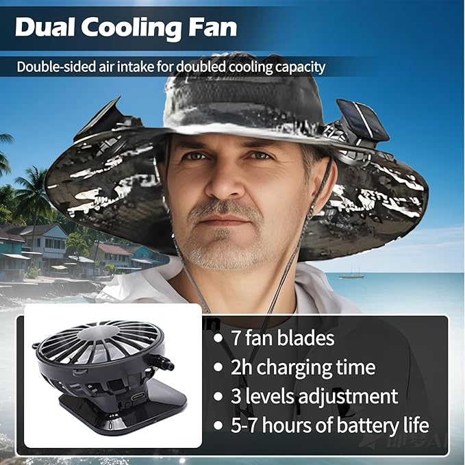 Wide Brim Solar Fan Hat, Outdoor Sun Hat with 2 Solar Power Fan for Men Women UPF 50+ Breathable Bucket Fishing Hat