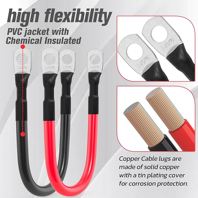 2 AWG Battery Cable 2AWG Gauge Battery Inverter Cables for Automotive Solar Marine Boat RV Car Motorcycle (2 AWG, 1FT, 5/16")