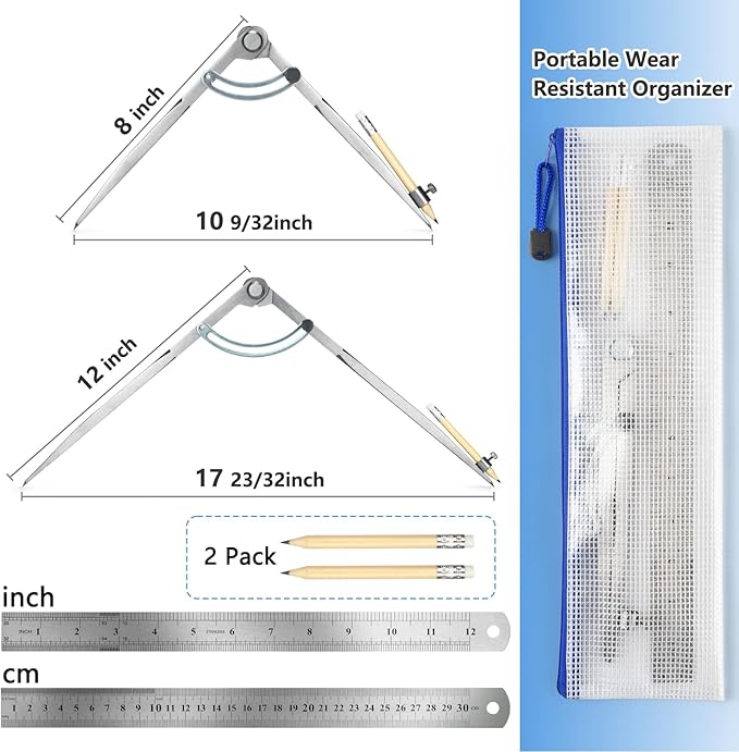 WORKLION Woodworking Compass Geometry Tool - Professional Locking Drafting Compass with Pencil Holder - 12 Inch Metal Geometry Compass for Drawing Circles and Geometry.