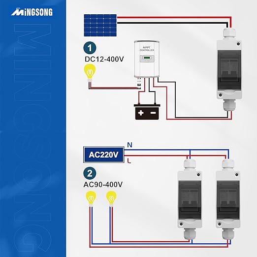 DC Solar Panels Disconnect Switch 50 Amp AC Circuit Breaker Box 400V 2 Poles IP65 Waterproof UV-Proof Outdoor Small Breaker Box for Solar PV Homes