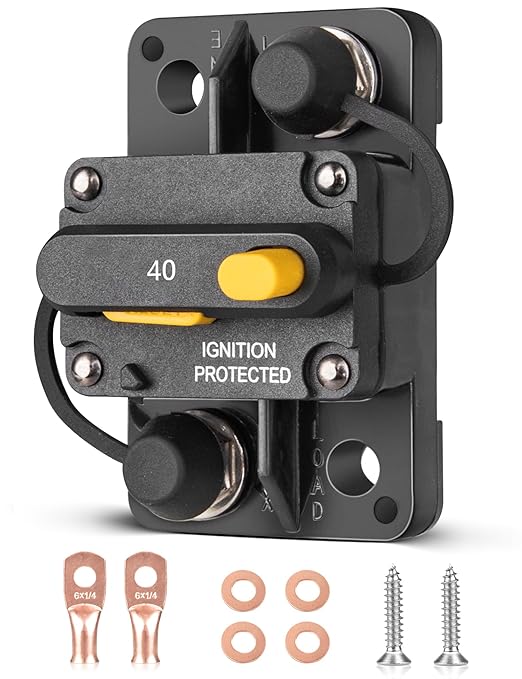 RED WOLF 40A Circuit Breaker Manual Reset, Mid Range Mini Fuse DC 12-32V, #10-32 Stud for Marine Boat Trolling Car Electronic Battery Solar System w/6 AWG-1/4 Wire Lugs Screw Kit Waterproof IP67