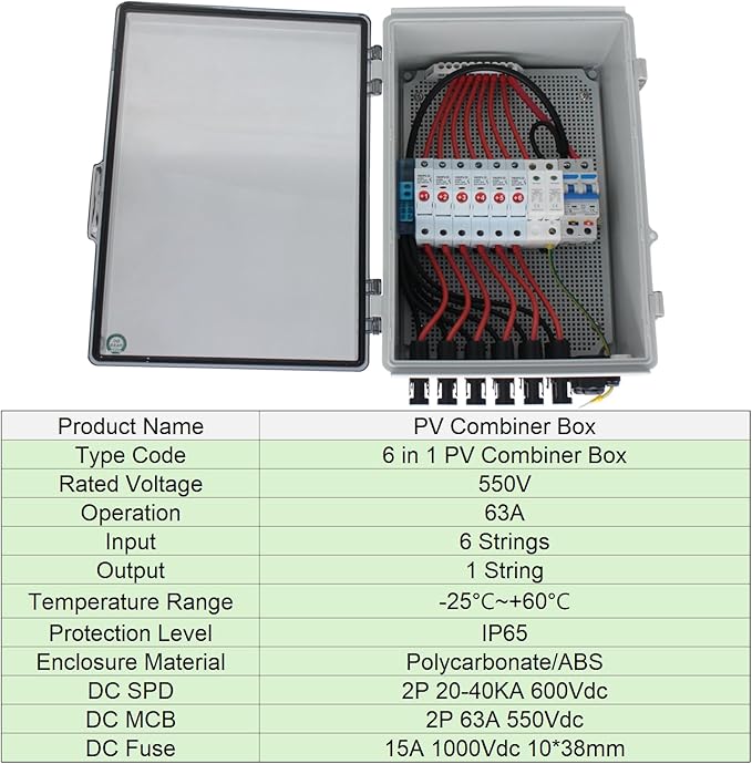 6 String Solar Combiner Box, IP65 Waterproof DC Combiner Box, Equipped with Circuit Breaker, Lightning Arrester and 15A Rated Current Fuse(Transparent, with Lock)