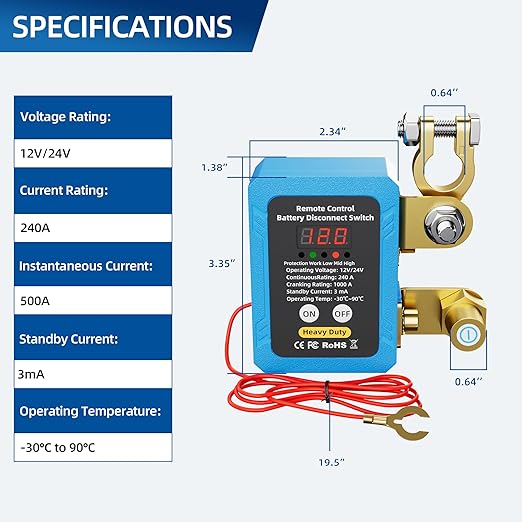 240A Kill Switch 12V Remote Battery Disconnect Switch with Led Voltage Display Automatic Power Shut Off Switch Anti Theft for Auto Car Truck Boat