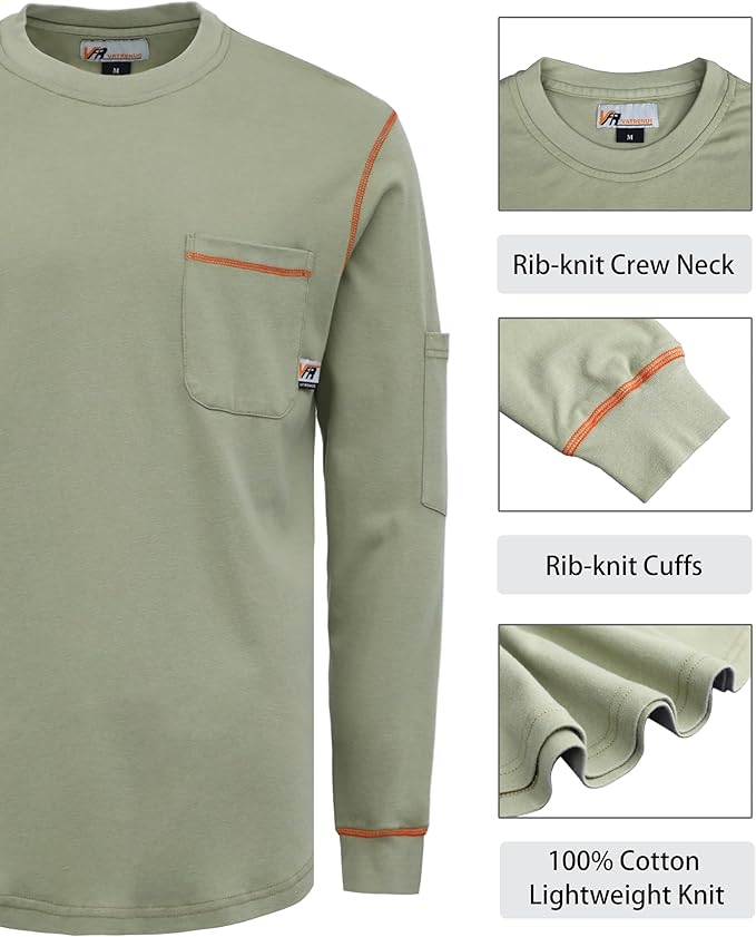 VATRENUS FR Shirts Crewneck 5.5oz Lightweight Flame Resistant 100% Cotton Men's Pre-Washed Fire Retardant Workwear