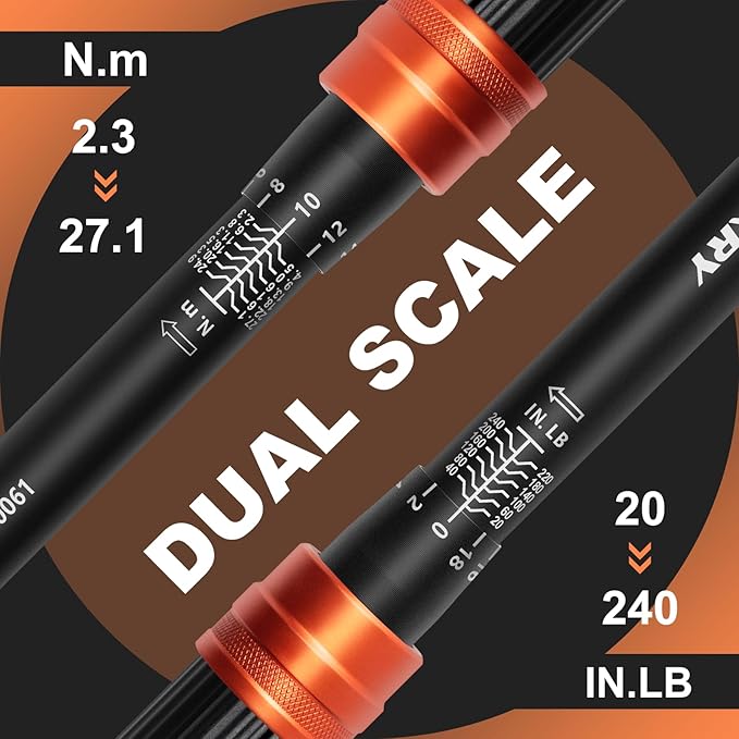 Kerry 1/4 Inch Drive Click Torque Wrench, 20-240 IN.LB/2.3-27.1 Nm, ±3% High Accuracy, Dual Range Scales, Clearly Graduated, Eeasy Read, Hardened Alumium Alloy, 72 Tooth Click Torque Wrench for Bike