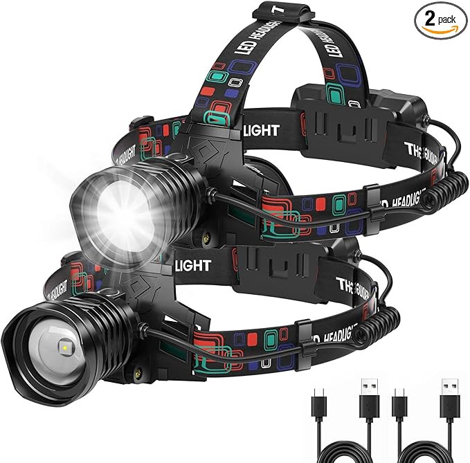 azamine Rechargeable Headlamp Super Bright 99000 Lumens, 2Pack LED Head Lamp with 3 Modes, 90° Adjustable Head Lights for Forehead, IPX6 Waterproof HeadLamps for Adults Camping Hunting Hiking