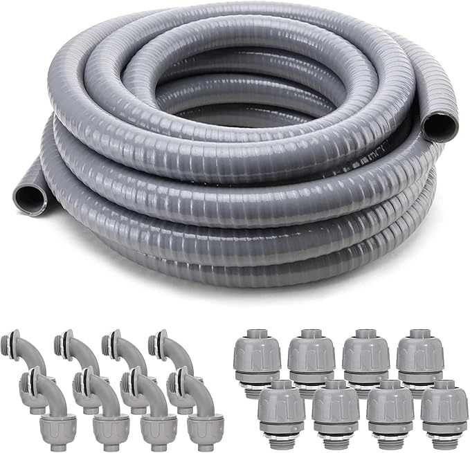 DWALE Liquid-Tight Conduit and Connector Kit,Flexible Non Metallic Liquid Tight Electrical Conduit,3/4inch 50ft Electrical Conduit Kit,with 8 Straight and 8 Angle Fittings Included,3/4 in. Dia