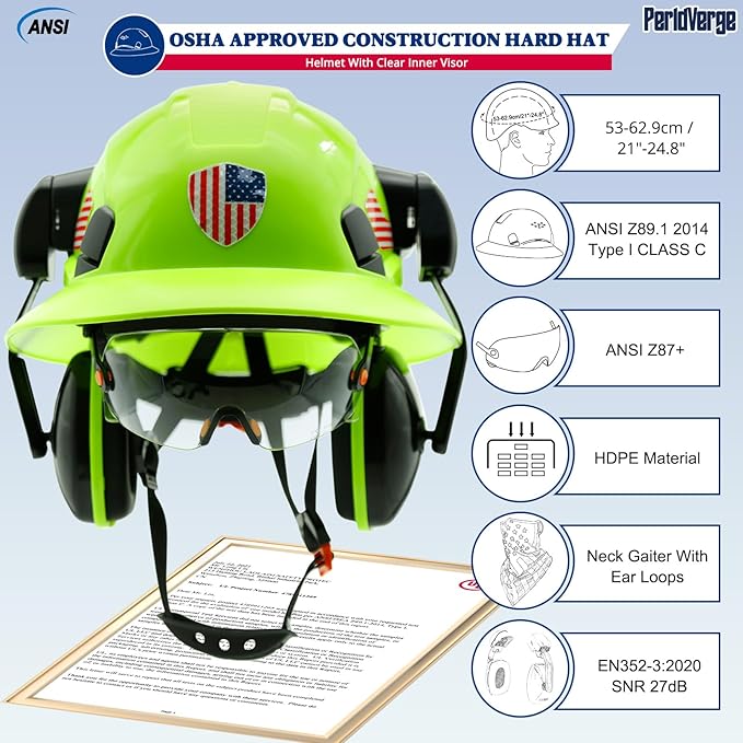 Full Brim Hard Hats Construction OSHA Approved with Visor-Vented Hard Hat with Neck Gaiter with Ear Loops,Safety Hard Hats for Men with Chin Strap ANSI Z89.1 Type 1 Class C,6-pt Suspension
