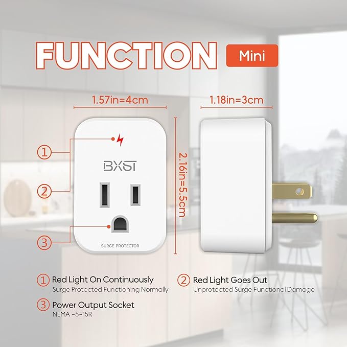 BXST Single Outlet Surge Protector for Refrigerator Small Wall Tap Surge Protector Single Plug 120V Small Socket Lightning Protection for PC, TV, Phone, PS5 and Home Appliances, 15A, 1800W, 4 Pack