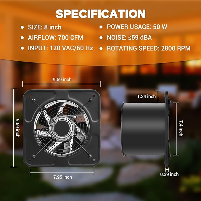 YOZON 8-Inch Kitchen Exhaust Fan with Switch, 700CFM Garage Exhaust Fan, Ventilation Fan with Backdraft Damper for Attic, Workshop, Window, Smoking Room