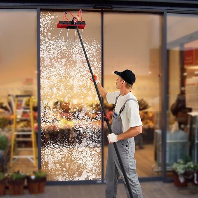 5.28-29.53FT Telescopic Window Washer Kit W/13.78IN Brush Head, 180° Adjustable Brush Head, Cleaning Brush Kit for Solar Panel, Window Cleaner Tool, Window Cleaning Equipment, Window Cleaning Tool Kit
